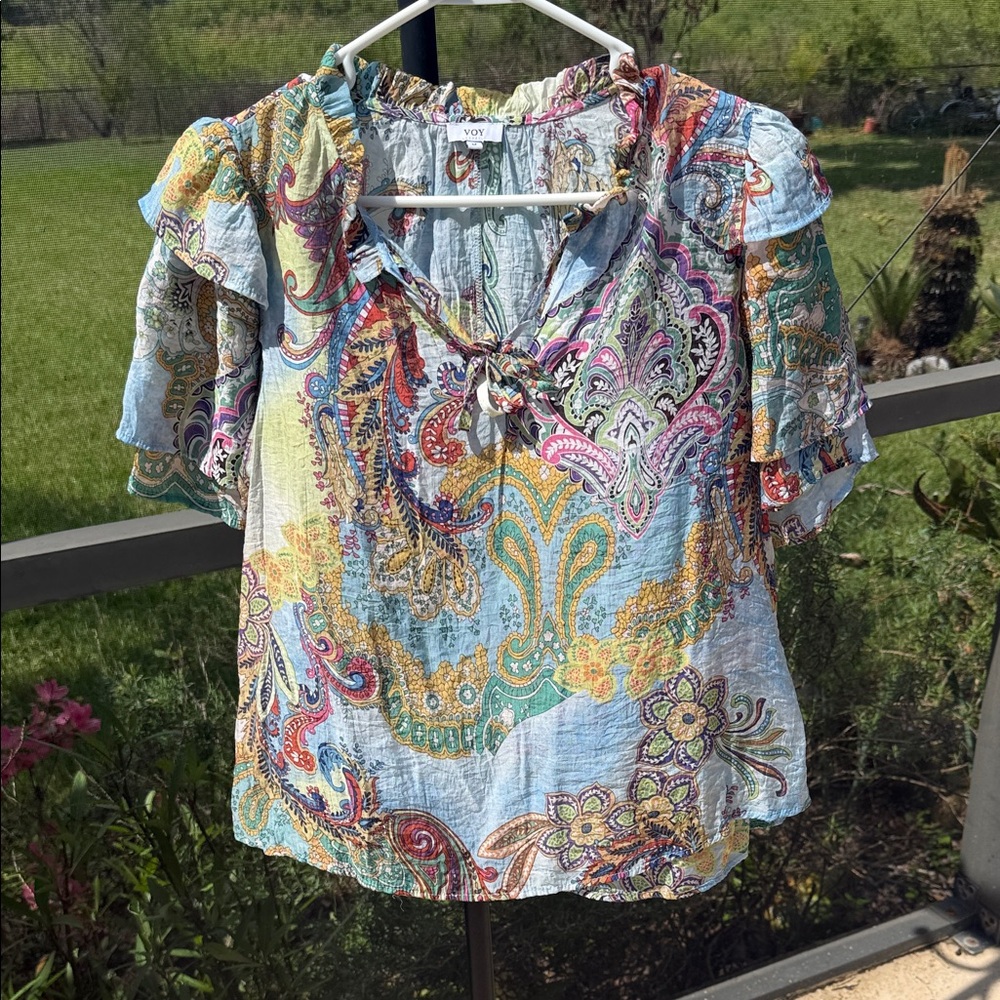 Voy Light Blue Paisley Tie-Neck Ruffle Sleeve Blouse